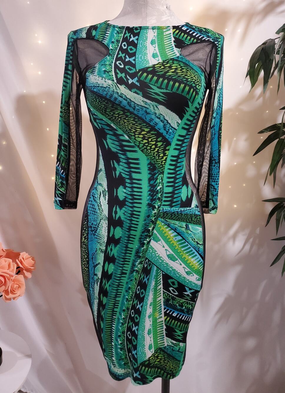 Good Time USA Vtg Y2K XOXO Art to Wear Geometric Mesh Panel Bodycon Dress Size M